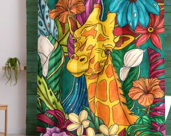 Colorful Giraffe Jungle Shower Curtain: Tropical Bathroom Decor