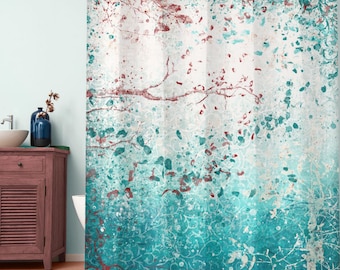 Teal shower curtain, abstract watercolor bathtub or shower stall curtain, fabric shower curtain for artistic blue bathroom decor
