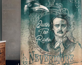 Dark academia shower curtain, Edgar Allan Poe raven printed bathtub or shower stall curtain, fabric shower curtain for gothic bathroom decor