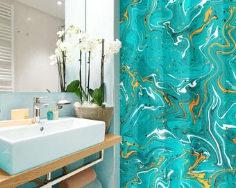 幾何学模様のリネンシャワーカーテン：ティール＆ブラウンの