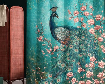Peacock shower curtain, teal and pink floral bird fabric curtain for bathtub or shower stall
