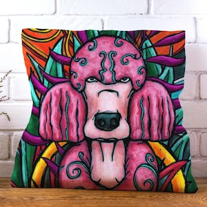 Pink poodle pillow cover, quirky dog throw pillow case for colorful decor, unusual and funny standard poodle mom gift idea