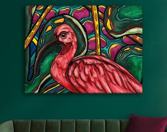 Scarlet ibis painting printed on stretched canvas, large canvas wall art, maximalist decor for colorful tropical living room