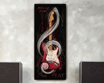 Electric guitar canvas print, music painting with motivational quote Pick up your guitar and play, vertical guitar for rock n roll wall art