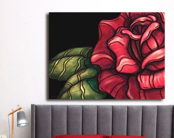 Red Rose floral Painting on stretched canvas art print, tattoo-styled single red rose wall art, Rockabilly Wall Decor for modern bedroom