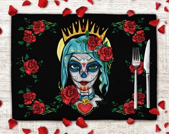 Santa Muerte dining mats set, sugar skull girl printed placemat for mexican table decor, Day of the dead fabric place mats set of 1 2 4 or 6