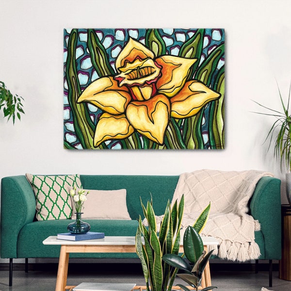 Peinture jonquille imprimée sur toile, tableau fleur de printemps jaune aux couleurs vives, décoration murale nature pour intérieur coloré