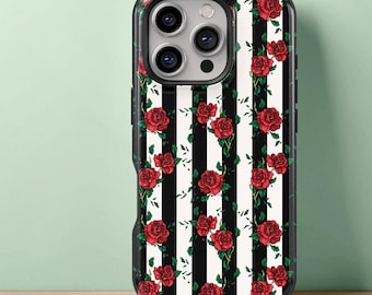 Gestreifte Handyhülle für iPhone, Gothic rote Rosen Robuste Handyhülle, MagSafe kompatible Option