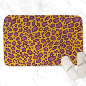 Yellow leopard bathroom mat, animal printed memory foam bath mat small or large, colorful bathroom rug for funky bath decor
