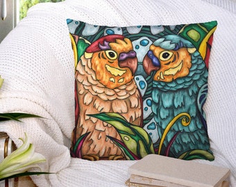 Lovebirds art throw pillow cover, tropical bird and exotic jungle bright cushion case, colorful sofa cushion for unique maximalist decor