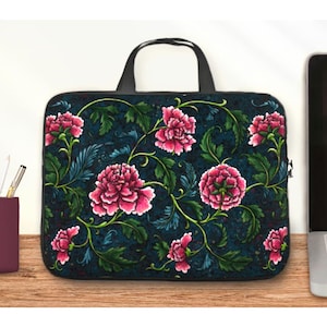 Rosa Chinoiserie gemusterte Laptoptasche, neo-viktorianische Pfingstrosen Laptoptaschen Frauen, 6 Größen von 10-Zoll-Laptoptasche bis 17-Zoll-Laptoptasche