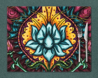 Lotus placemats set of 4, spiritual fabric place mats for colorful dining table decor, bohemian dining mats for hippie room decor