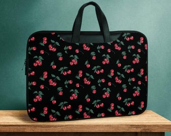 Cherries laptop sleeve with shoulder strap, Black and red faux-leather laptop sleeve with pockets, women computer bag or tablet pouch