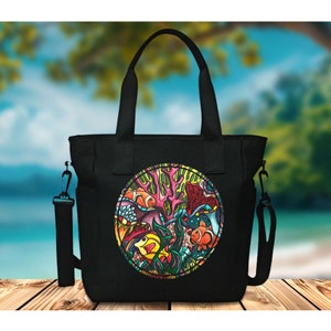 Black nylon tote bag with zipper, shoulder bag printed with tropical fish art, women tote bag for beach vacation or pool outings