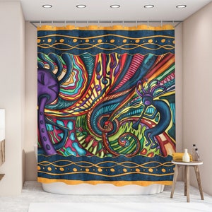 Kokopelli shower curtain, colorful art printed bathtub or shower stall curtain, southwest fabric shower curtain for hippie bathroom decor