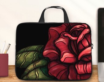 Borsa per computer Red Rose, custodia per laptop stampata con arte floreale con manici, regalo di lavoro per donne o idea regalo per studenti goth