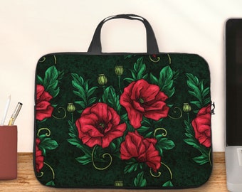 Sac ordinateur portable coquelicots, housse à fleurs rouges sur fond vert foncé avec poignées, pochette zippée pour appareil électronique