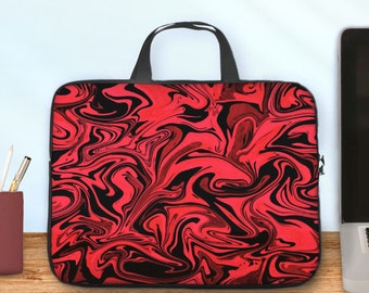 Housse ordinateur marbrée rouge et noir, pochette zippée tablette ou housse PC portable, sac avec poignées punk rock de 10 à 17 pouces