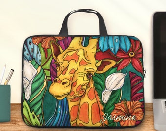 Bolsa para computadora portátil jirafa, colorida caja de computadora impresa con arte tropical con asas o bolsa con cremallera para tableta de 10 a 17 pulgadas, regalo de oficina en la jungla