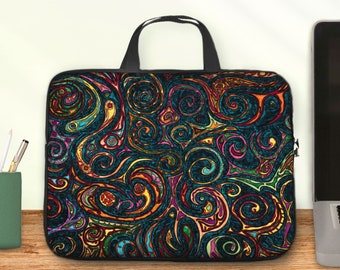 Ethnic abstract computer sleeve with handles, ancient tribal styled tablet zipper pouch from 10 to 17 inch, colorful laptop bag for women