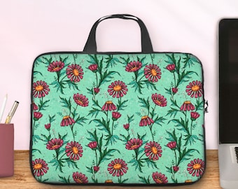 Sac ordinateur vert menthe fleuri pâquerettes roses, pochette pour macbook ou PC portable à poignées, housse tablette femme