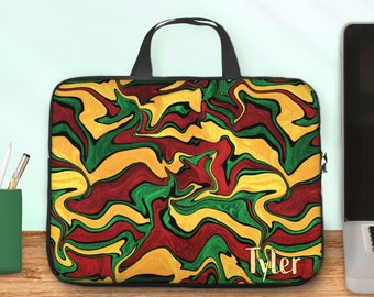 Rasta colors computer bag with handles, personalizable tablet zipper pouch or laptop sleeve, reggae mens laptop bag from 10 to 17 inch