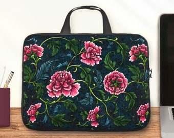 Sac ordinateur motif pivoines baroque, housse ordinateur portable femme, 5 tailles allant de la pochette tablette 10 pouces au sac 17 pouces