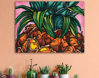 Pineapple wall art, Vibrant fruit painting printed on canvas for tropical kitchen decor