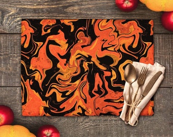 Set de table motif orange et noir, sets imprimés peinture abstraite couleur citrouille, décor de table de salle à manger pour l'automne