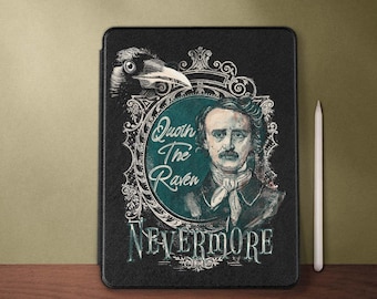 Edgar Allan Poe case for iPad with pencil holder, Raven vegan leather case with stand, Available for A16 11th gen and Air/Pro models