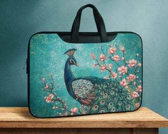 Peacock laptop sleeve with strap, Bird faux-leather sleeve with pockets for tablet or laptop