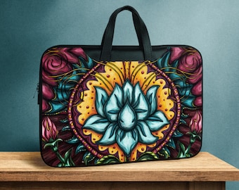 Spiritual lotus laptop sleeve with strap and handles, blue flower printed faux-leather laptop bag