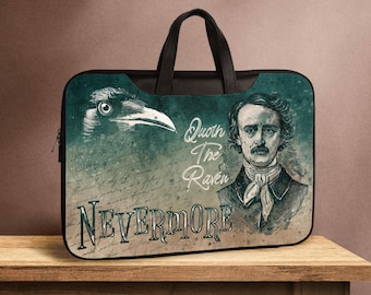 Funda para portátil con correa de Edgar Allan Poe, bolso para tableta o portátil de piel sintética con bolsillos, regalo gótico literario de cuervo