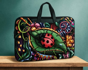 Ladybug laptop sleeve with handles and shoulder strap, colorful laptop bag or tablet sleeve