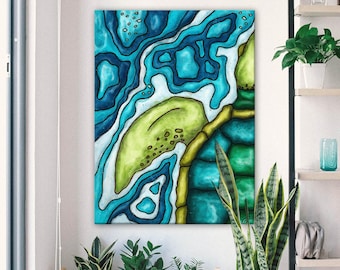 Sea turtle large canvas wall art, Modern turtle painting printed on stretched canvas