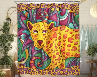 Cheetah shower curtain, jungle animal art printed on bathtub or shower stall curtain, fabric shower curtain for funky bathroom decor