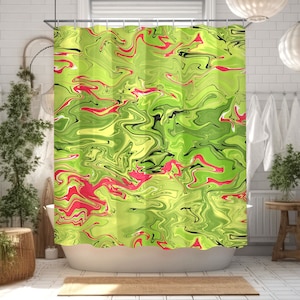 Lime green shower curtain, abstract art printed bathtub or shower stall curtain, unique fabric shower curtain for summer bathroom decor