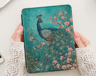 Peacock case for iPad with pencil holder, Bird vegan leather case with stand, Available for A16 11th gen and Air/Pro models