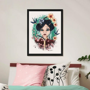 Geisha Art Print: Japanese Anime Girl Portrait, Spring Cherry Blossoms