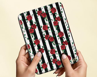 Striped case for Kindle Paperwhite & Colorsoft 11th - 12th gen, Gothic red roses faux-leather case with hand strap, romance gift for reader