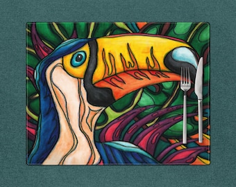 Toucan placemats set of 4, Tropical bird fabric table mats for jungle dining room table, colorful maximalist decor