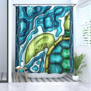Ocean turtle shower curtain, abstract sea turtle bathtub or shower stall curtain, blue fabric shower curtain for coastal bathroom decor