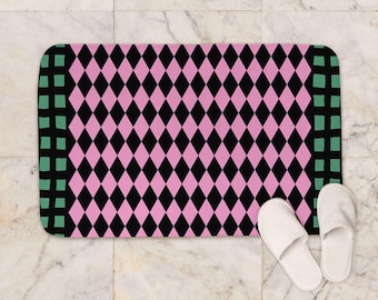 Retro Diamond Bath Mat: Pink, Green & Black Geometric Bathroom Rug