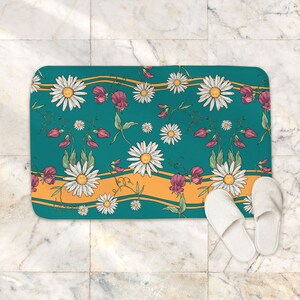 Floral teal bath mat, Daisy & Sweet Pea memory foam bathroom rug,