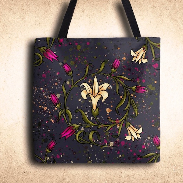 Sac fourre-tout violet fleur de lys, trois tailles du petit tote-bag au grand sac fourre-tout en toile, sac en tissu motif floral baroque