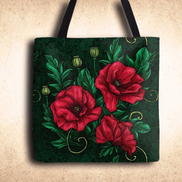 Tote bag imprimé coquelicots, Sac fourre-tout en toile fleurs rouges vif sur fond vert sombre, grand sac tissu doublé et robuste pour femme