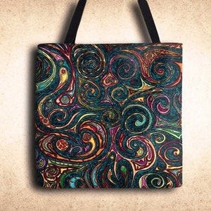 Ethnic tote bag, lined artsy canvas tote bag with colorful shapes, fabric shoulder bag for women