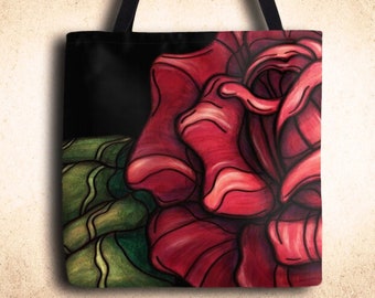 Black and red flower tote bag, sturdy canvas goth red rose tote bag, black fabric shoulder bag for women or girlfriend artistic gift