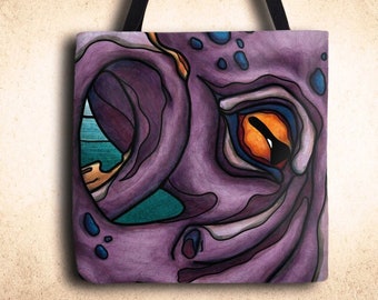 Giant octopus art print on tote bag, fantasy ocean animal canvas tote bag, large kraken printed shoulder bag for shopping or beach