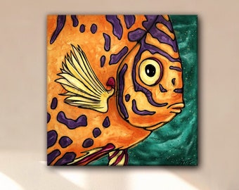 Cartoon fish large canvas wall art, funny fish painting printed on stretched canvas